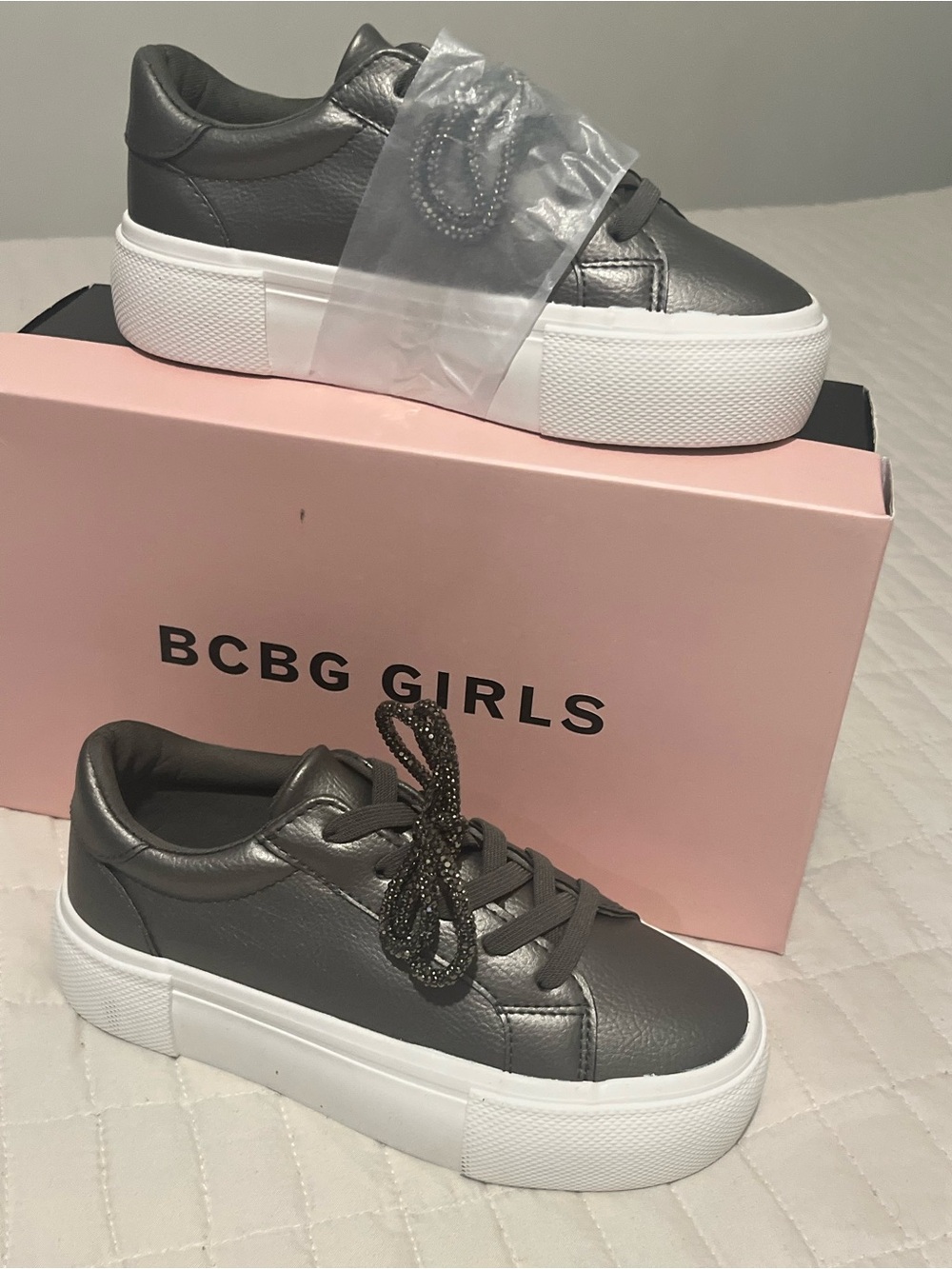 BCBG Girls Metallic Gray Platform Sneakers with White Sole